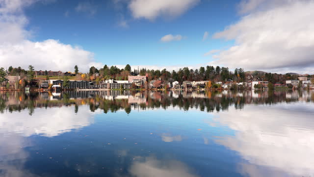 Lake Placid town over Mirror Lake in the Adirondack Mountains of New York State