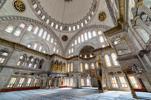 Istanbul, Turkey - September 15, 2021: Interior of prayer hall in the Nuruosmaniye Mosque, Istanbul, Turkey.