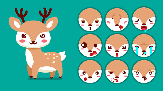 Cute gazelle, set of animal emotions, tiny gazelle with emoji collocation, sleeping, crying, sad, Bored, happy, excited, lovable, surprised, careless, confident, terrifled, stunned, Flat Vector avatar