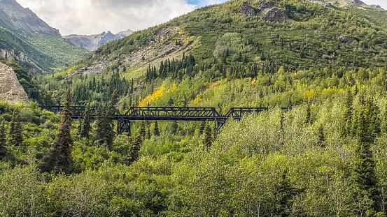 The Mountains of Denali National park rise in the distance against a beautiful landscape. The railroad makes its way through the park offering majestic views for those who travel by rail.