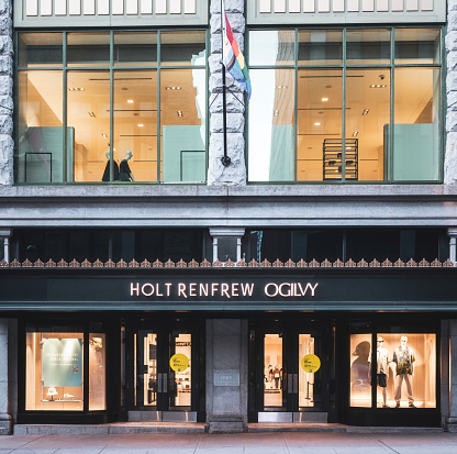 Montreal, Quebec, Canada - August 02, 2023:  Located in the heart of the downtown shopping district, Holt Renfrew Ogilvy is one of Montreal's premium brand shopping locations for a wide range of personal items.