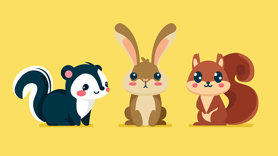 Set of cute wild animals, squirrel, hares, skunk, Safari jungle animals flat vector illustration