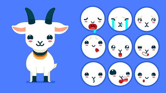 Cute goat, set of animal emotions, tiny goat with emoji collocation, sleeping, crying, sad, Bored, happy, excited, lovable, surprised, careless, confident, terrifled, stunned, Flat Vector avatar