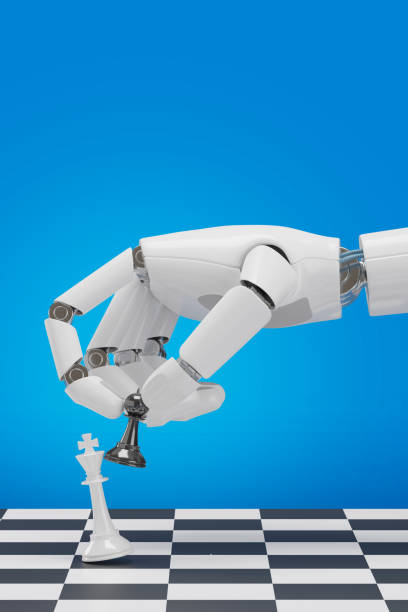 istock Robotic hand won a game of chess isolated on blue background. 3d illustration. 1654029118