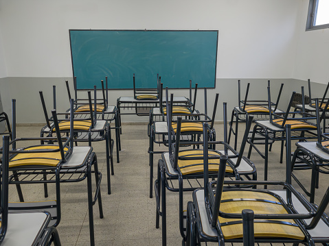 School classroom with school desks and blackboard in Japanese high school