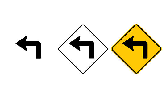 icon turn left  yellow outline traffic warning sign design for yellow background and black and white background