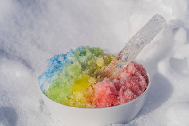 istock Rainbow shaved ice in dessert bowl on white snow background, close up 1654054254