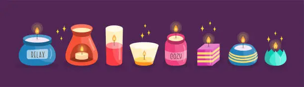 Vector illustration of Lighted Candles Cartoon Collection. Comfort Theme, Home Design, Aromatherapy and Romance Elements. Aroma Candle Colorful Drawn Vector Set.