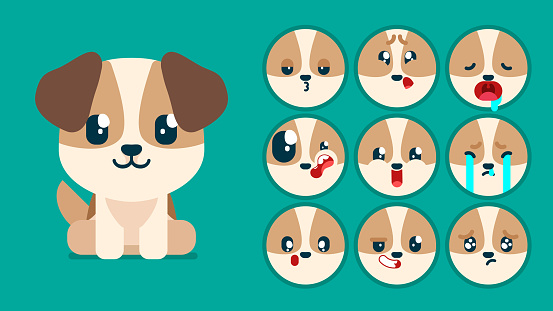 Cute dog, set of animal emotions, tiny dog with emoji collocation, sleeping, crying, sad, Bored, happy, excited, lovable, surprised, careless, confident, terrifled, stunned, Flat Vector avatar