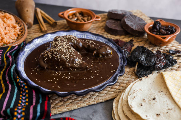 mole poblano is sauce with chicken mexican traditional food in Mexico Latin America stock photo