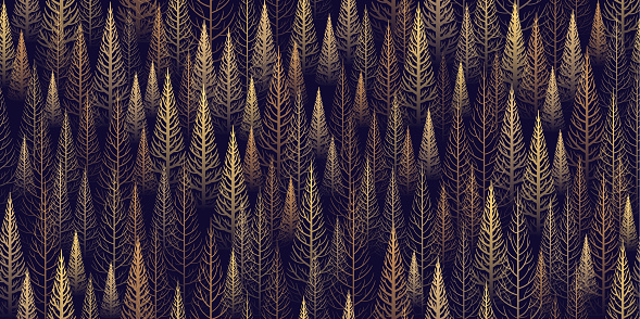 Seamless colorful gold vector trees or winter autumn forest Christmas on black background.