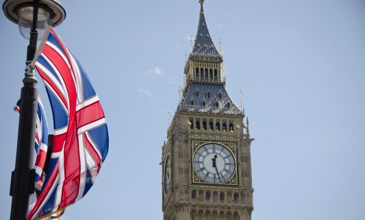 Big Ben with British Flag London England
