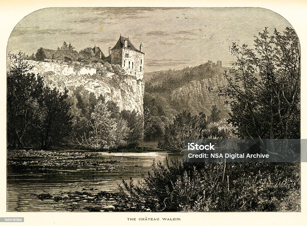 Castelo de Walzin, Dinant madeira antigo, Bélgica (uma gravação) - Royalty-free Antiguidade Ilustração de stock