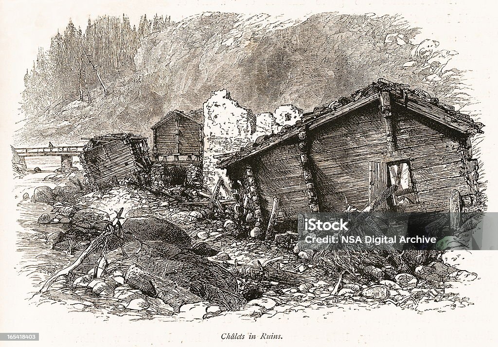 Chalets in ruins, Switzerland (antique wood engraving) Antique engraving of chalets in ruins in the High Alps of Switzerland. Published in Picturesque Europe, Vol. V (Cassell & Company, Limited: London, Paris & New York, 1875). Antique stock illustration