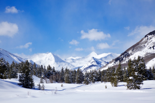 View of pasture landscape against mountain, Montana, USA.