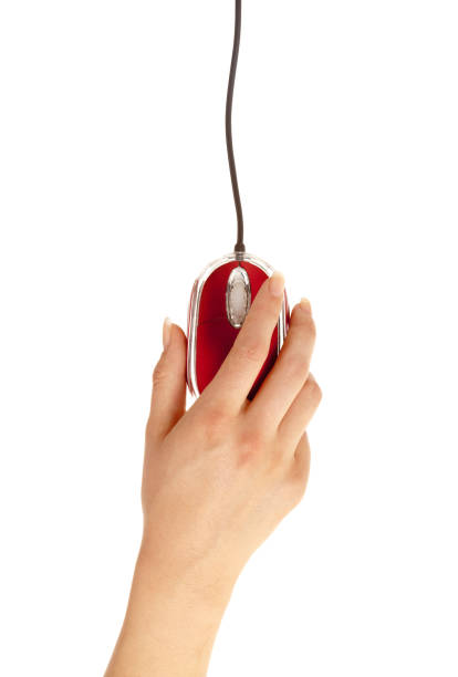 Woman hand holding red pc mouse on white
