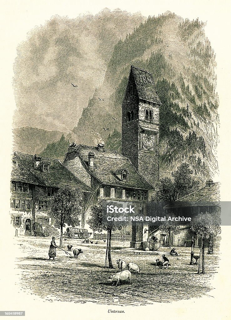 Unterseen, Svizzera mi antico illustrazioni europeo - Illustrazione stock royalty-free di Stile del XIX secolo