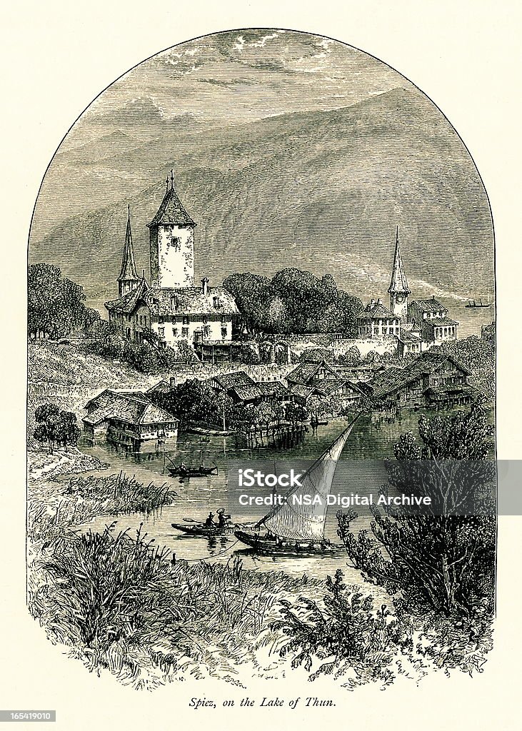 Spiez, Швейцария, я античный Европейский иллюстрации - Стоковые иллюстрации Lake Thun роялти-фри