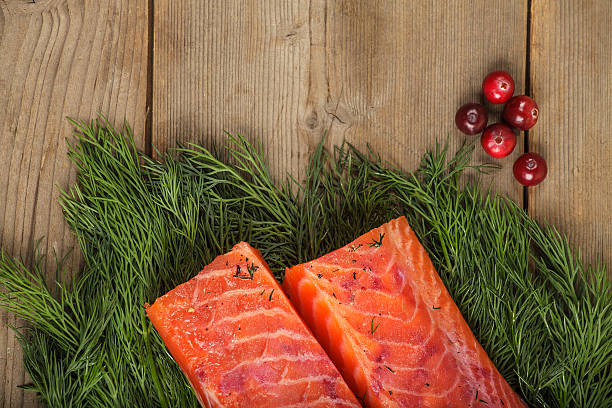 Gravlax with cranberry and greenery Two pieces of gravlax with a piece of greenery and some cranberry gravad stock pictures, royalty-free photos & images