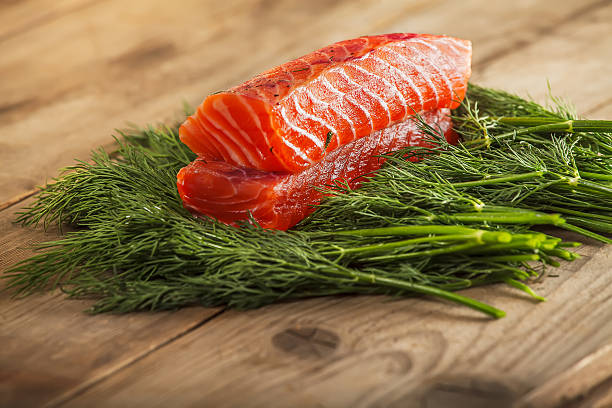 Two pieces of gravlax Two pieces of gravlax on the greenery gravad stock pictures, royalty-free photos & images