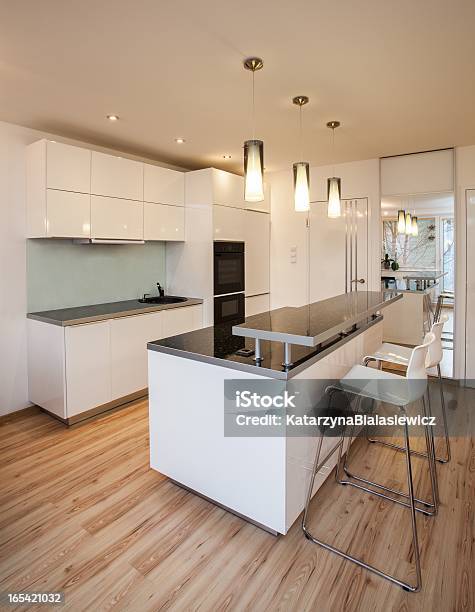 Stylish Flat Kitchen With White Colors Stock Photo - Download Image Now - Apartment, Appliance, Architecture