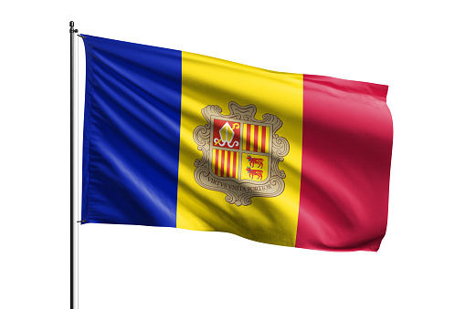 3d illustration flag of Andorra. Andorra flag waving isolated on white background with clipping path. flag frame with empty space for your text.