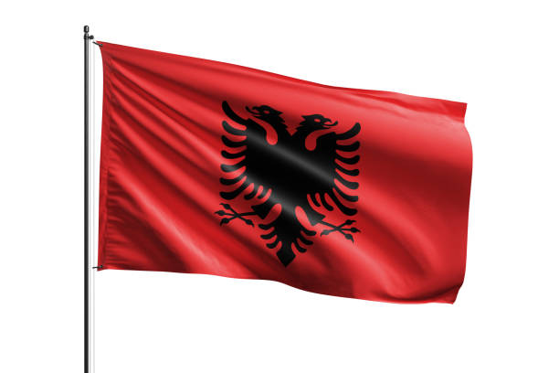 Albania flag waving isolated on white background with clipping path. flag frame with empty space for your text.