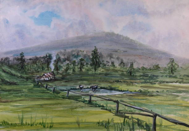 istock Meadow pasture with cow, pond, tree and small farm. Hand painted watercolor background 1654232267
