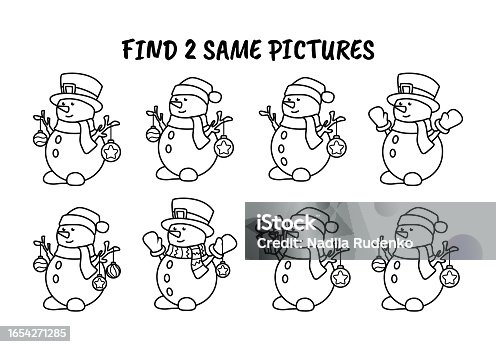 istock Snowman in a hat with Christmas toys. Find two identical pictures. 1654271285