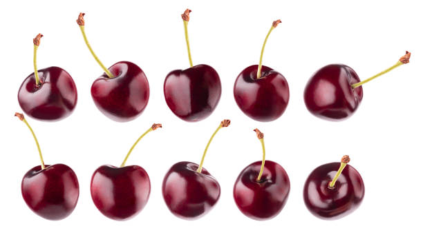 istock Fresh red cherry set. Whole fruits closeup, different sides isolated on white background, studio. Summer fresh ripe fruits as design element for advertising, card, poster. 1654282089