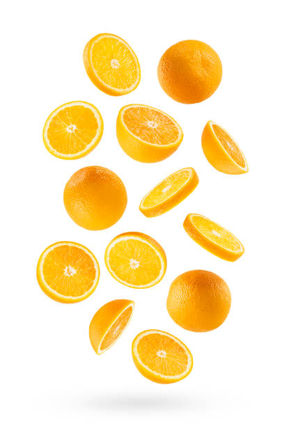 istock Juicy oranges as flow fly or fall as art composition. Whole, half, round slices fruit isolated on white background with shadow. Tropical fruits for advertising, design, label product, poster, card. 1654282622