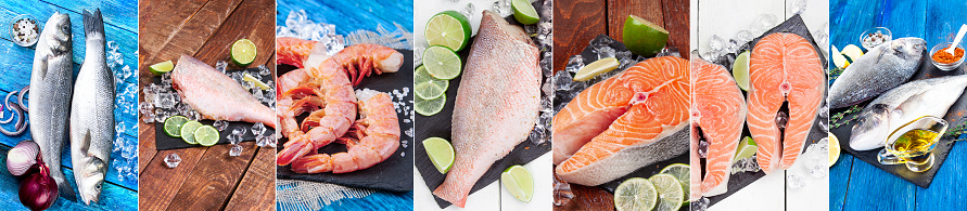 Set of different photos of raw fish. fish collage. banner.