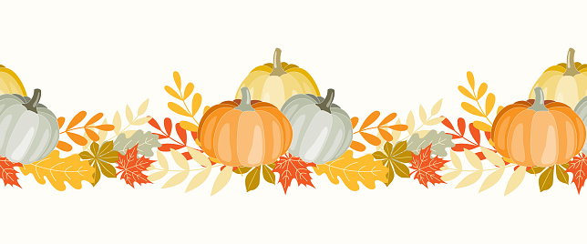 Seamless hand drawn border of Autumn pumpkins and leaves on isolated background. Background for Autumn harvest holiday, Thanksgiving, Halloween, seasonal, textile, scrapbooking, washi tape.