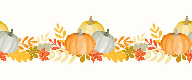 Seamless hand drawn border of Autumn pumpkins and leaves on isolated background Seamless hand drawn border of Autumn pumpkins and leaves on isolated background. Background for Autumn harvest holiday, Thanksgiving, Halloween, seasonal, textile, scrapbooking, washi tape. october clipart stock illustrations