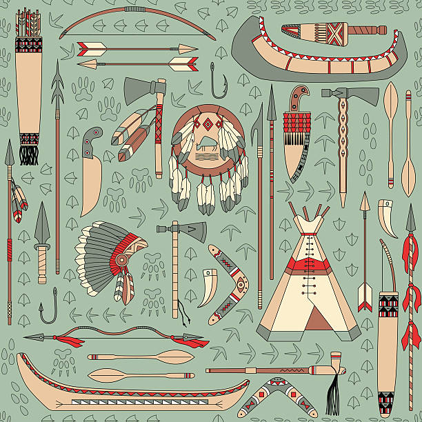 ilustrações, clipart, desenhos animados e ícones de sem costura padrão com atributos nativo americano - north american tribal culture arrow bow and arrow bow