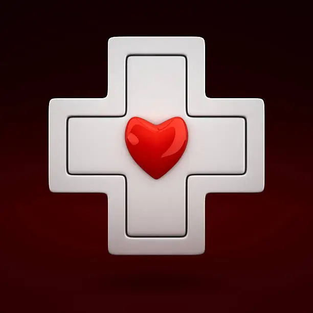 Medical white cross with red heart symbol