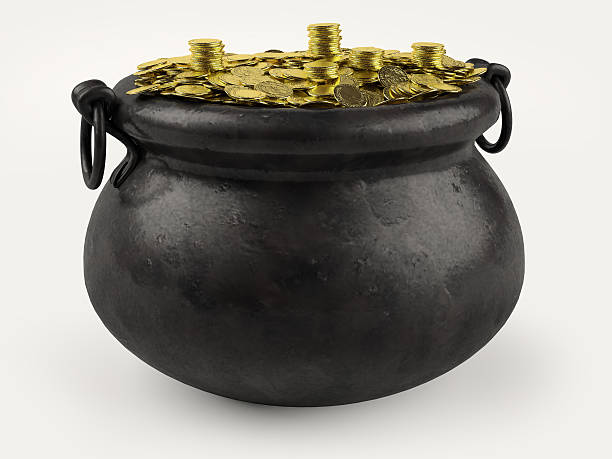 istock Black pot full of gold coins on white background 165434348