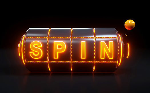 Spin Slot Machine Casino Concept With  Orange Neon Lights - 3D Illustration, 3D Realistic Render
