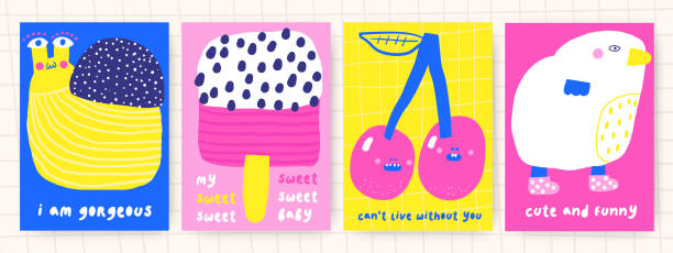 Cute doodle baby shower cards Cute doodle birthday, party, baby shower cards, brochures, invitations with cherry, chick, ice cream, snail. Cartoon characters, objects background Printable templates set birthday and invitation card animal background with chicken stock illustrations