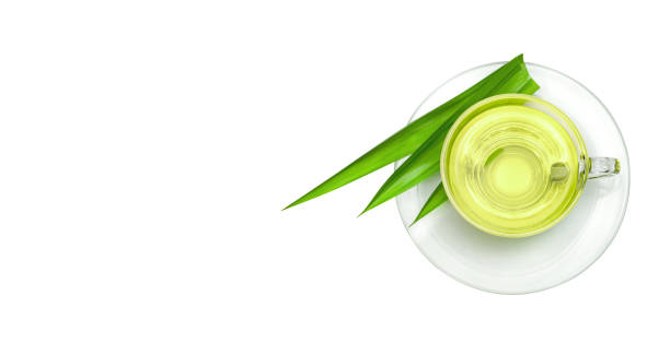 hot pandan Juice with green pandan leaves isolated on white background  ,include clipping path