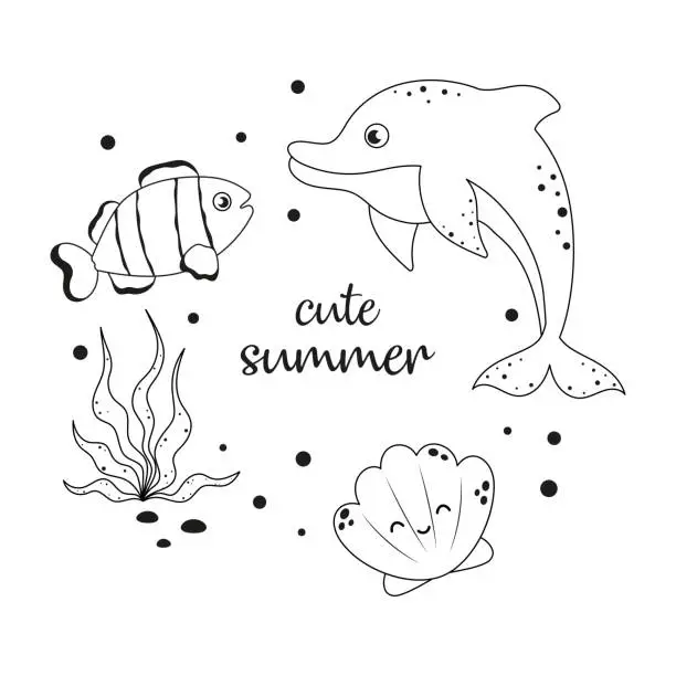 Vector illustration of black and white summer print with cartoon sea animals