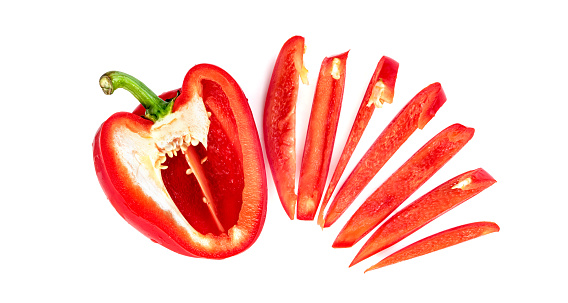 red chopped sweet bell pepper isolated on white background