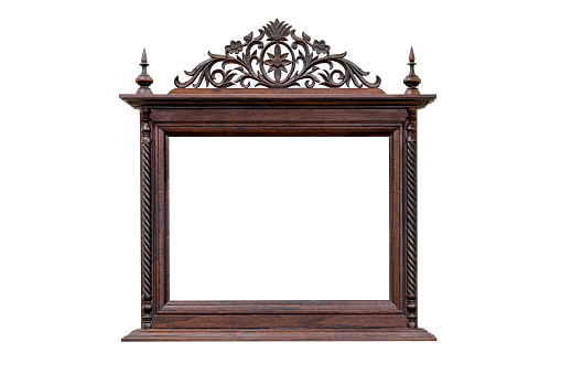 antique picture frame with wood carving style Thai pattern art isolated on white background,clipping path
