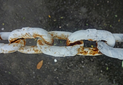 Three shiny metal chains isolated on a defocused background. Close up, horizontal composition.