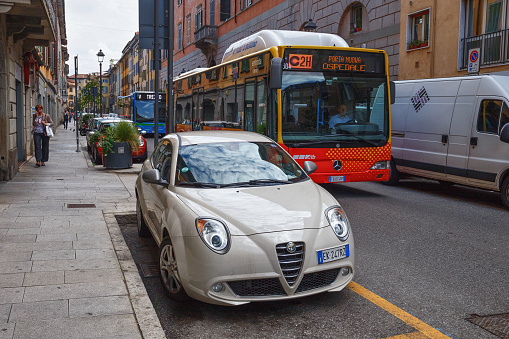 Bergamo, Italy - May 22, 2019: Alfa Romeo MiTo car on the street. The Alfa Romeo MiTo is a front-wheel drive, three-door supermini. Alfa Romeo Automobiles S.p.A. is an Italian premium car manufacturer