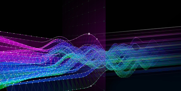 Abstract  background noisy graph curved in a sinusoid and color blurred lines  on dark. Technology  graph with data  in virtual space. Big Data. Banner for business, science and technology.