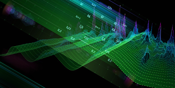 Abstract  background noisy graph curved in a sinusoid  on dark. Technology  graph with data boxes in virtual space. Big Data. Banner for business, science and technology.