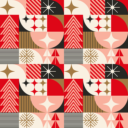 Seamless Holiday, Christmas pattern. Mid-Century style Holiday pattern. Scandinavian style pattern in repeat.
