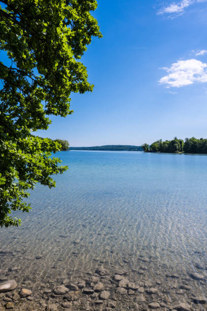istock view of a lake with crystal clear water under a blue sky with a white cloud 1654446462