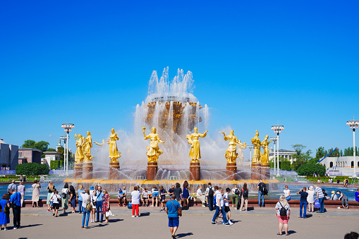 Russia, Moscow, 17.08.2023. peoples friendship fountain at VDNKh in summer. Landmark of the capital. exhibition of achievements of the national economy.